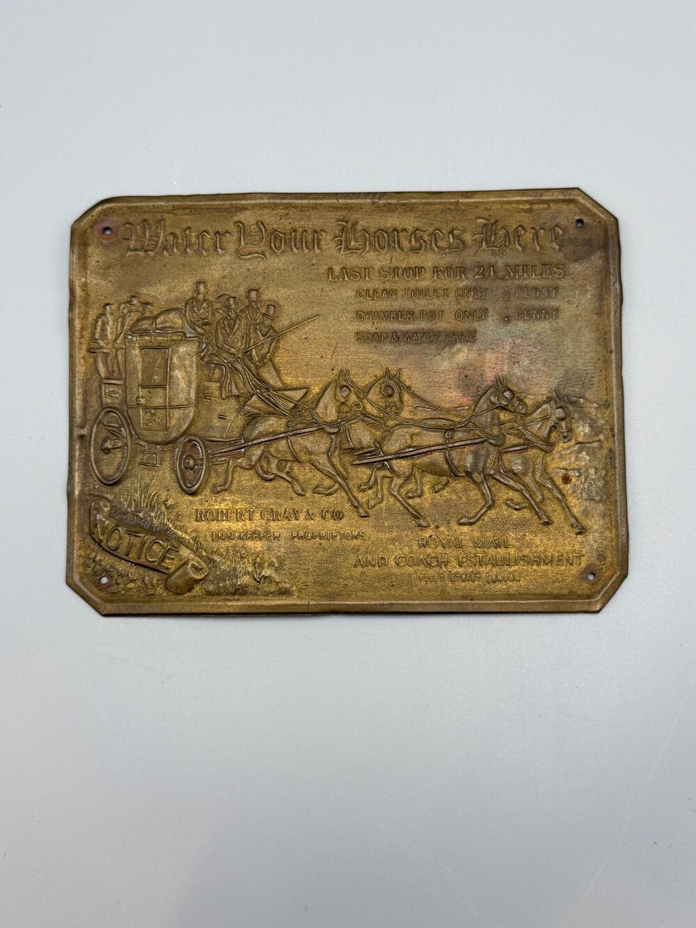 Robert Gray & Co Water Your Horses Here Brass Stagecoach Royal Mail Wall Plaque